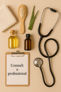 Itens de cuidados capilares naturais ao lado de um estetoscópio sobre fundo bege.