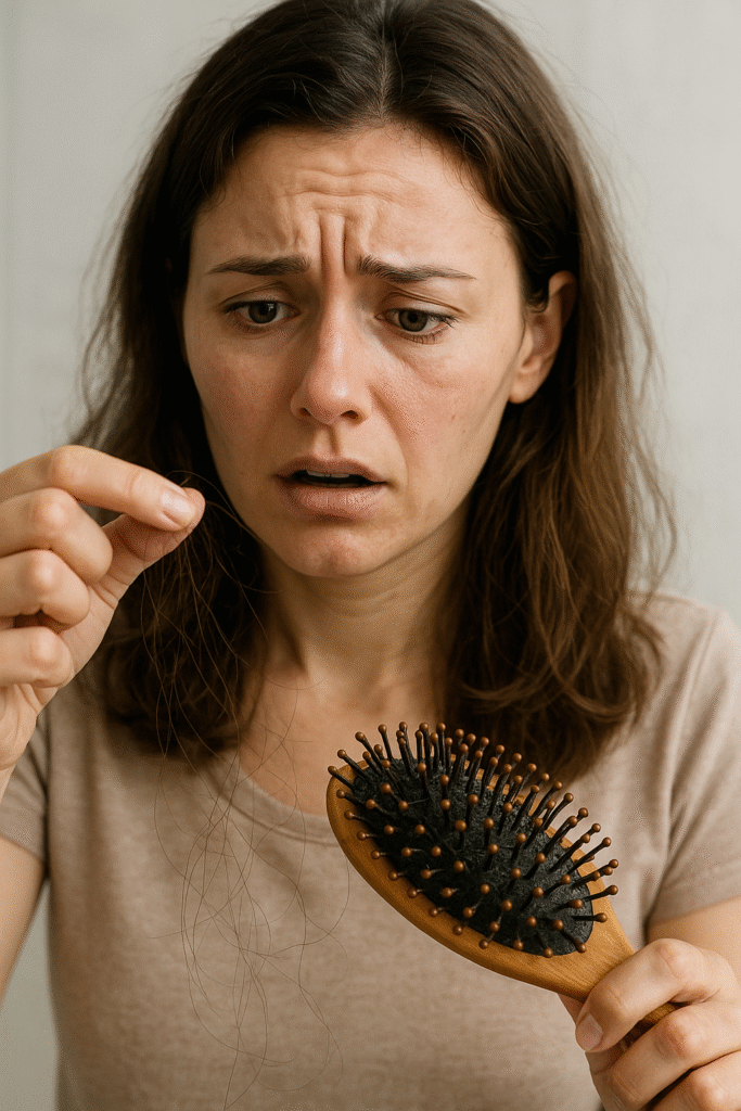 Mulher preocupada segurando fios de cabelo na mão e escova com queda capilar visível