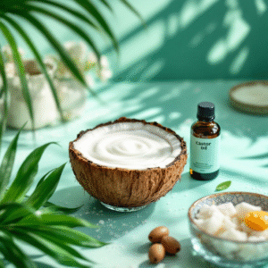 Creme de tratamento capilar em metade de coco com óleo de rícino ao lado.