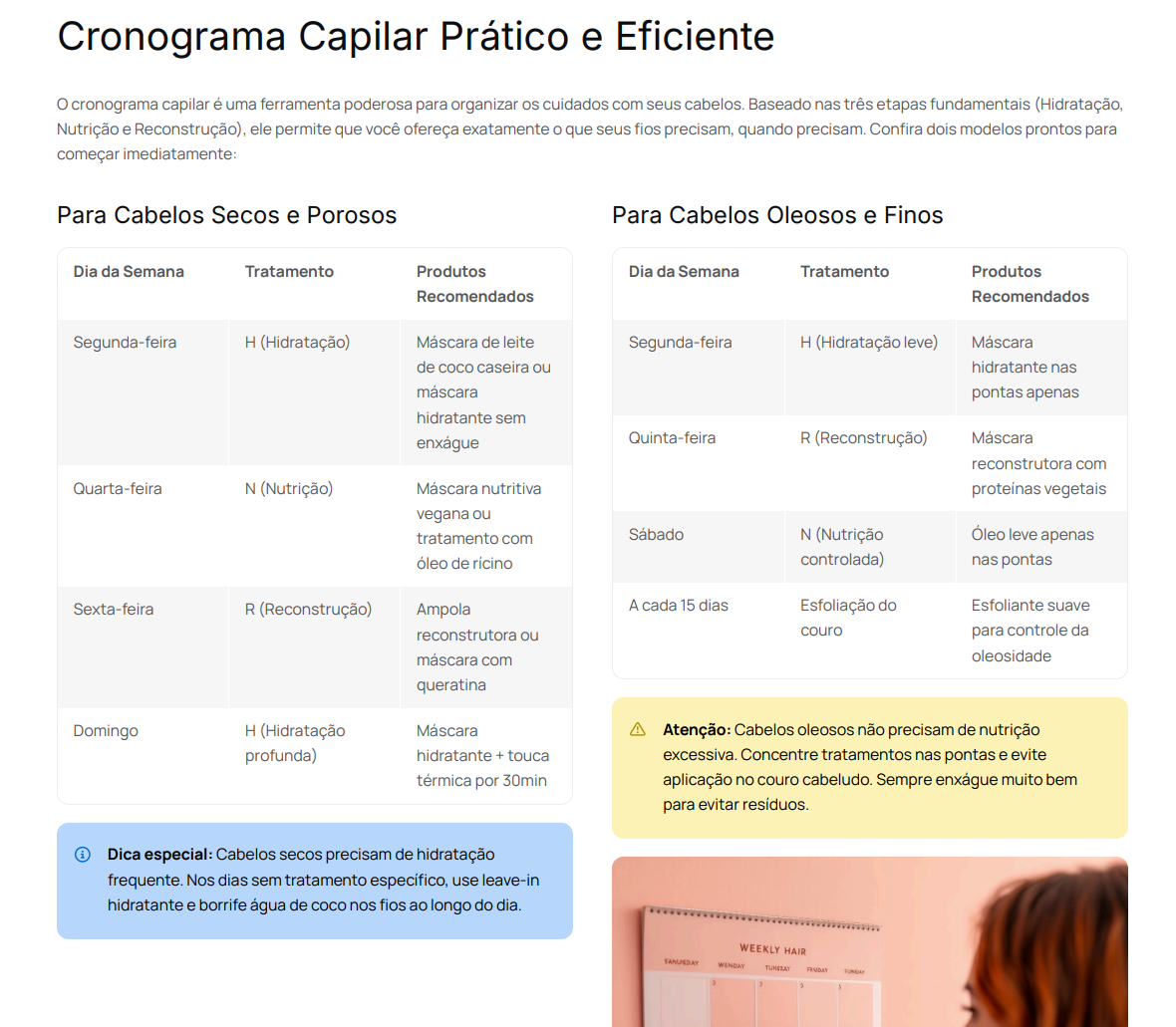Tabela de cronograma capilar com etapas de hidratação, nutrição e reconstrução para cabelos secos e oleosos.