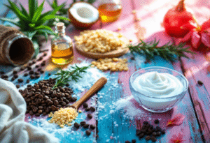 Máscara capilar com ingredientes naturais como alecrim, coco, café e óleos vegetais.