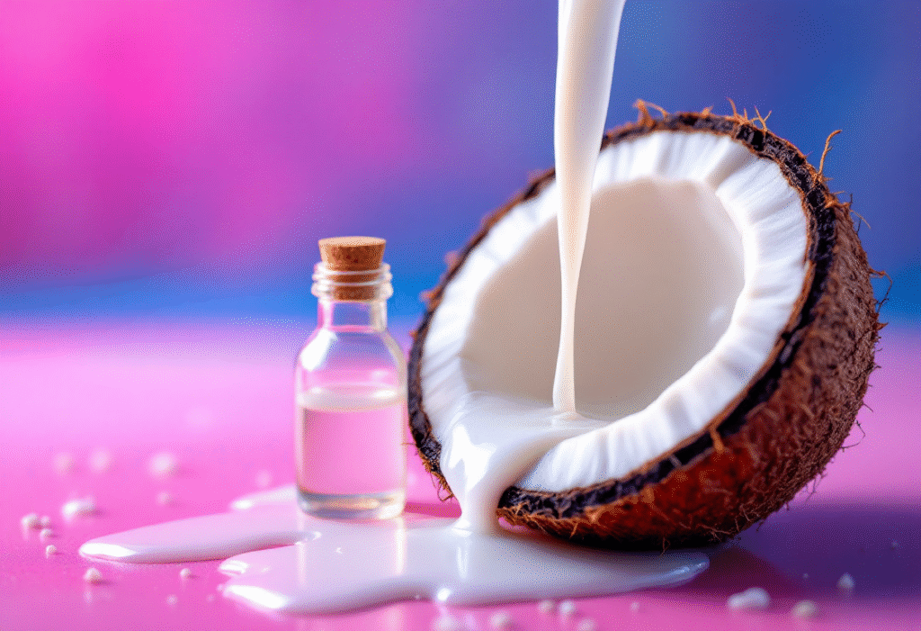 Coco aberto com leite de coco derramando e frasco de óleo natural.