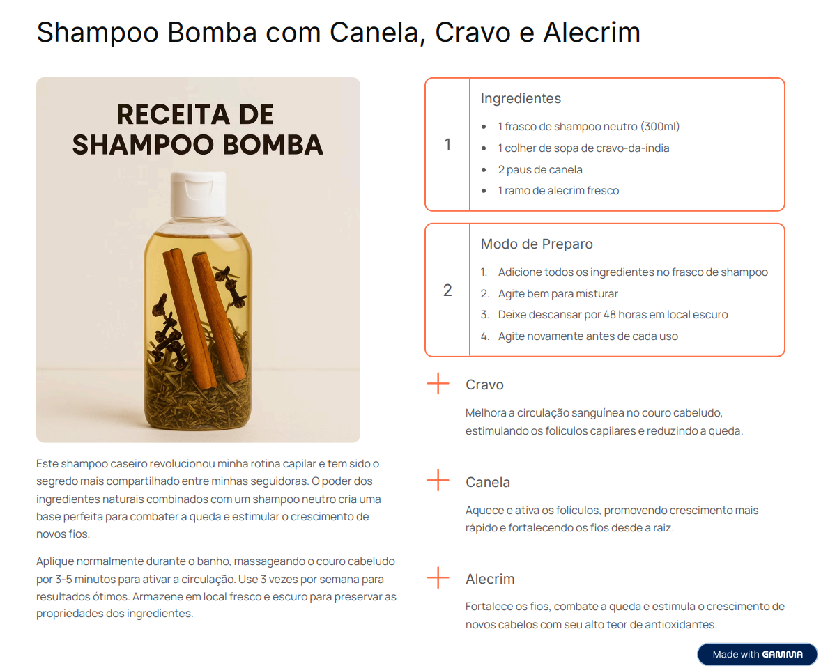 Receita de shampoo bomba com canela, cravo e alecrim em frasco transparente com ingredientes visíveis.