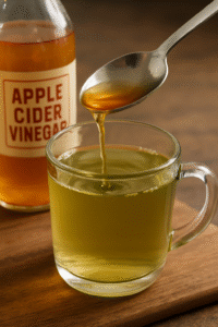 Colher despejando vinagre de maçã em chá verde para spray de crescimento capilar caseiro