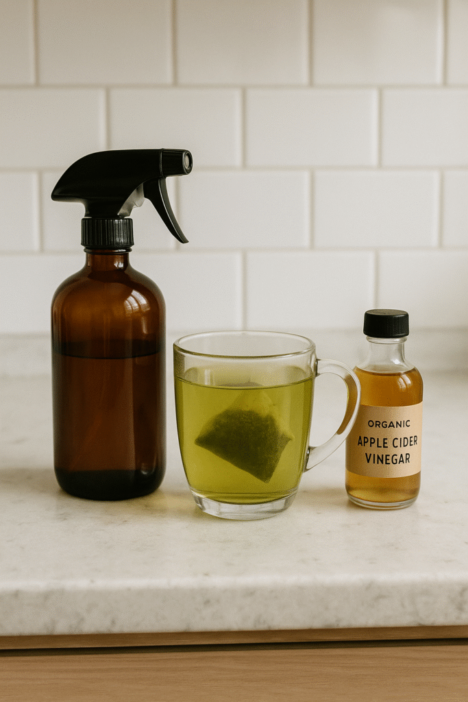 Ingredientes para spray capilar natural com chá verde e vinagre de maçã