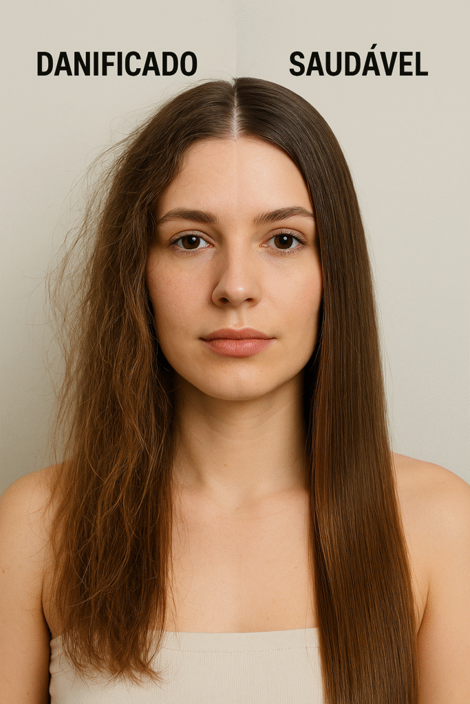 Mulher com cabelo dividido ao meio mostrando comparação entre fios danificados (com frizz e ressecamento) e fios saudáveis (lisos e brilhantes)