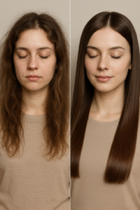 Antes e depois do cabelo tratado com receita caseira — fios danificados e sem brilho ao lado de cabelo liso, hidratado e saudável.