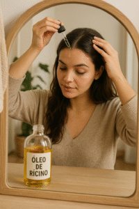 Mulher aplicando óleo de rícino no couro cabeludo com conta-gotas.