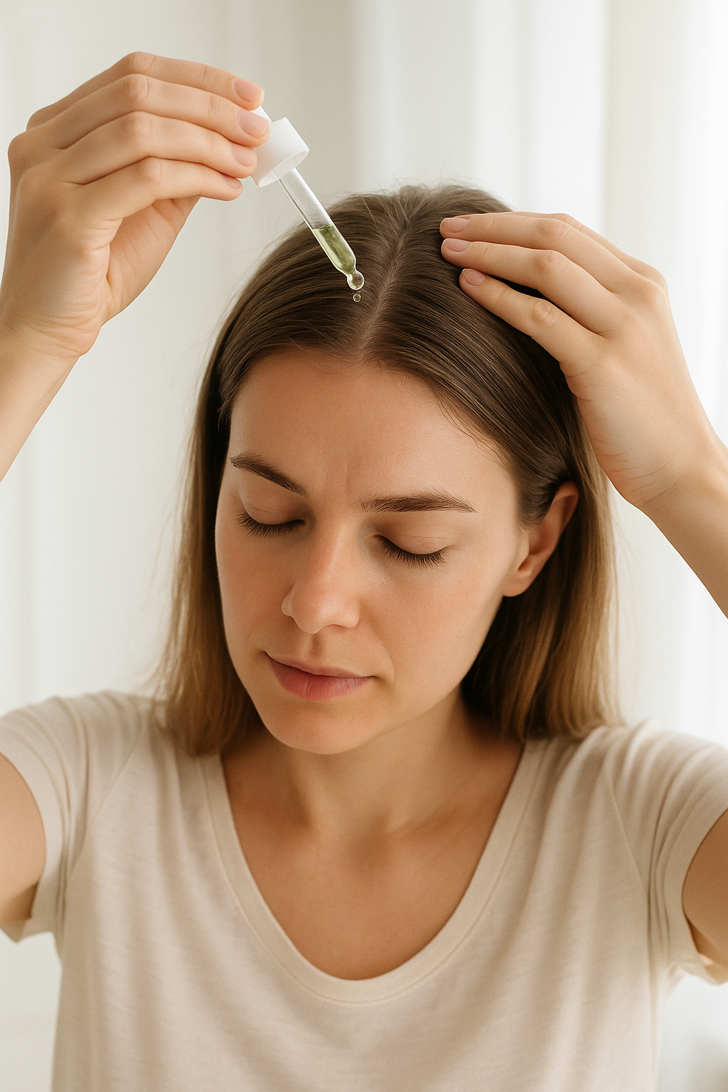 Mulher aplicando tônico capilar natural no couro cabeludo para estimular o crescimento e reduzir a queda de cabelo.