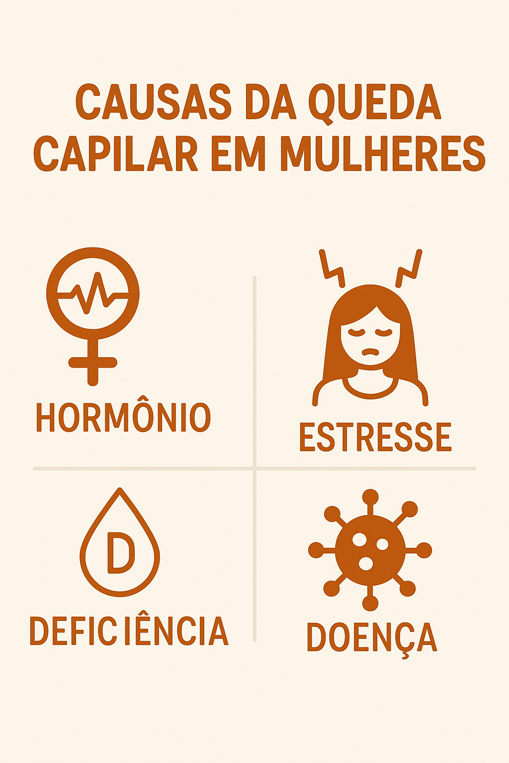 Infográfico com as principais causas da queda capilar feminina, como estresse, alterações hormonais e deficiências nutricionais.