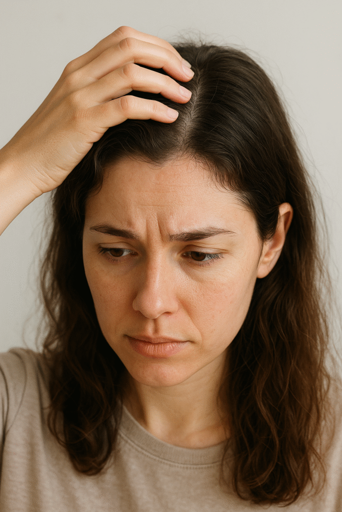 Mulher com expressão pensativa tocando o couro cabeludo, observando sinais de queda ou sensibilidade no topo da cabeça