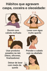 Infográfico mostrando hábitos que prejudicam o couro cabeludo, como uso excessivo de calor, produtos agressivos e falta de limpeza adequada.