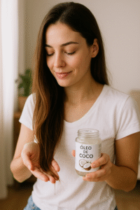 Mulher aplicando óleo de coco nos cabelos para hidratar e nutrir os fios.