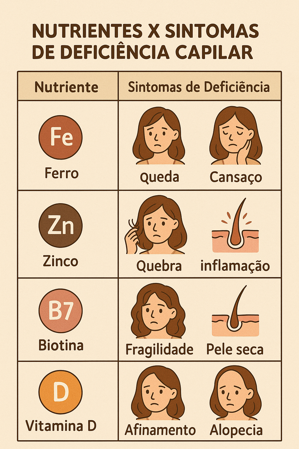 Infográfico listando nutrientes essenciais como ferro, zinco e biotina para prevenir a queda de cabelo e fortalecer os fios.
