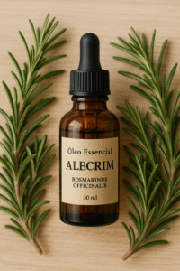 Frasco de óleo essencial de alecrim cercado por galhos frescos, usado para estimular o crescimento capilar