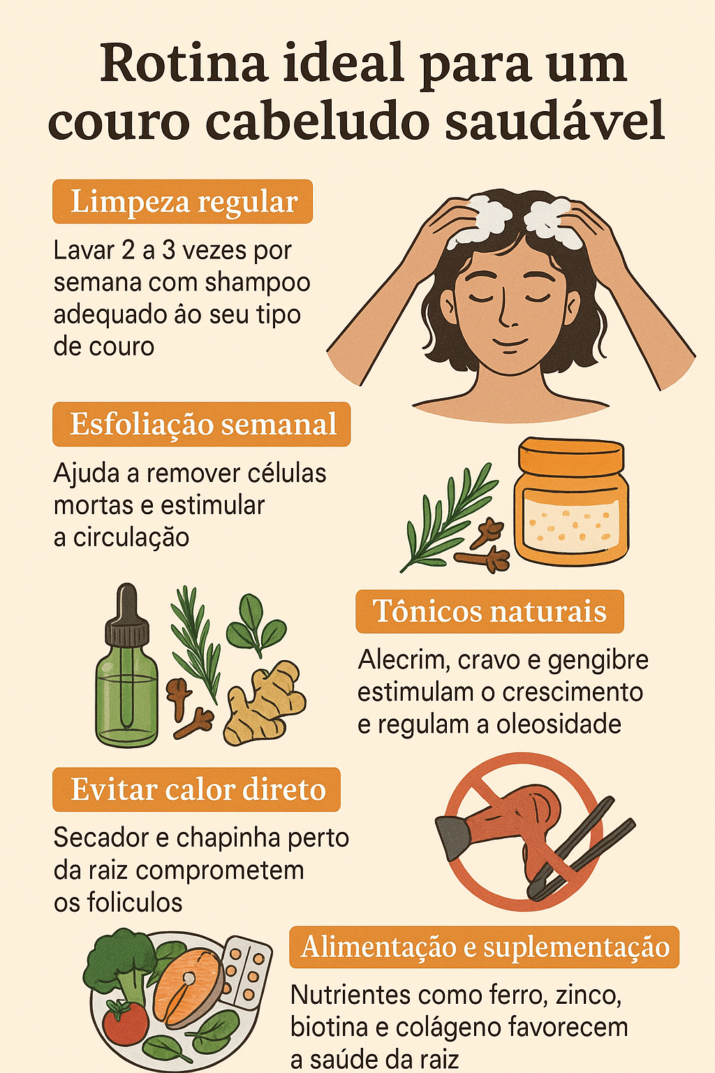 Infográfico com rotina ideal para um couro cabeludo saudável, incluindo limpeza, esfoliação, tônicos naturais, alimentação e cuidados com calor