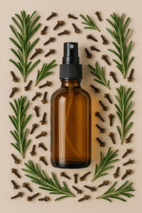 Frasco spray âmbar com tônico natural de alecrim e cravo, rodeado por ramos de alecrim e cravos-da-índia sobre fundo neutro.