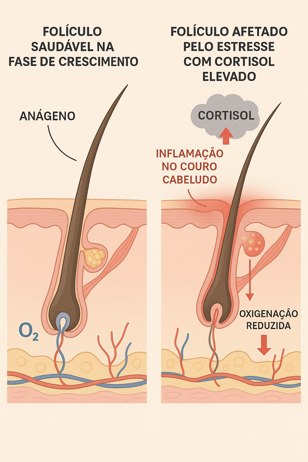 Comparação entre folículo capilar saudável e folículo estressado, mostrando diferença na aparência e saúde do cabelo.