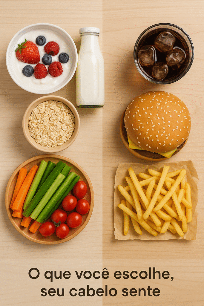 Alimentos saudáveis versus fast-food mostrando impacto na saúde dos cabelos