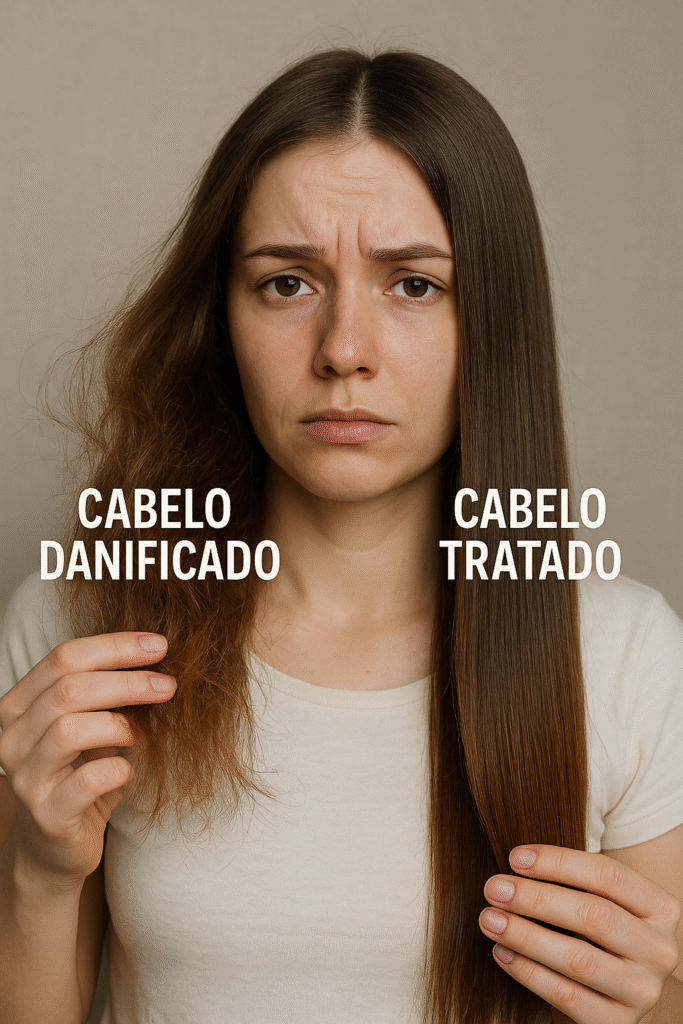 Mulher segurando cabelo danificado de um lado e cabelo tratado do outro.