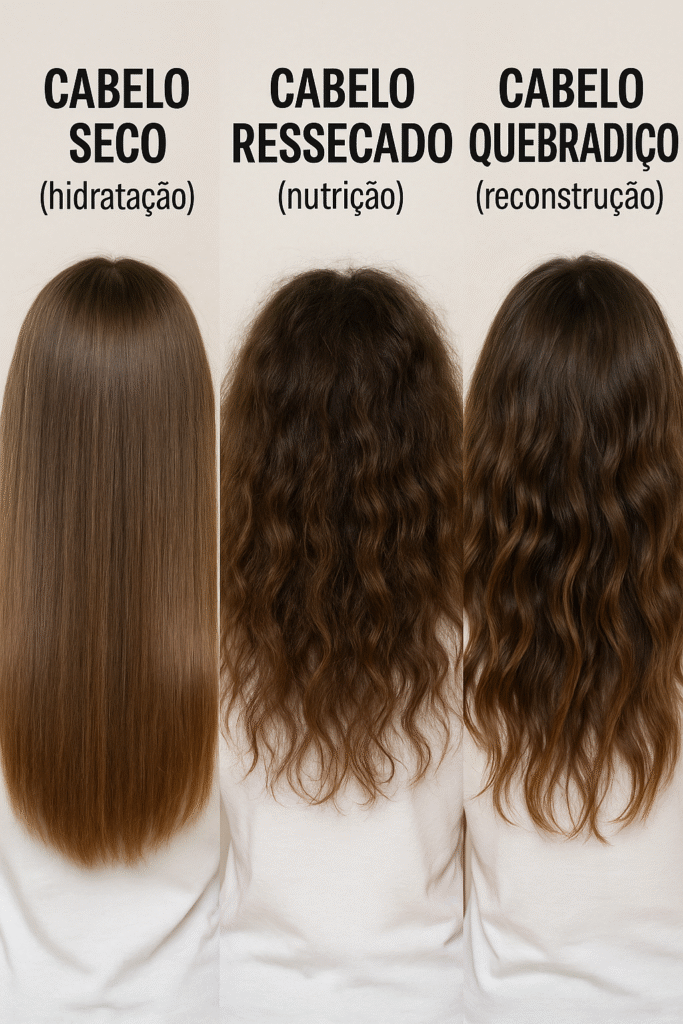 Comparação entre cabelo seco, ressecado e quebradiço mostrando a importância de hidratação, nutrição e reconstrução.