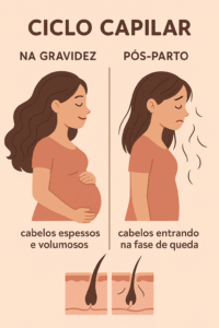Ilustração do ciclo capilar: cabelos espessos na gravidez e queda no pós-parto.