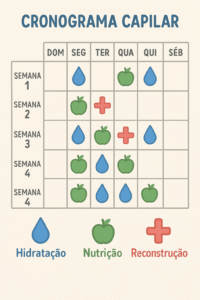 abela de cronograma capilar com hidratação, nutrição e reconstrução organizadas por semana.