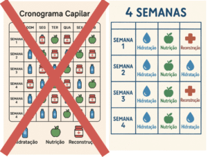 Tabela de cronograma capilar de 4 semanas mostrando etapas de hidratação, nutrição e reconstrução para cuidados com o cabelo.