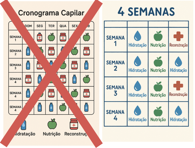 Tabela de cronograma capilar de 4 semanas mostrando etapas de hidratação, nutrição e reconstrução para cuidados com o cabelo.