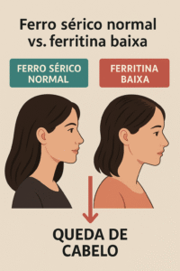 Comparação entre ferro sérico normal e ferritina baixa mostrando relação com queda de cabelo.