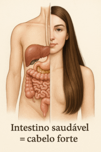 Ilustração mostrando intestino saudável e cabelo forte