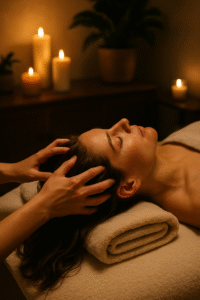 Massagem relaxante no couro cabeludo em ambiente de spa com velas ao fundo.