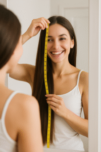 Mulher sorrindo medindo o crescimento do cabelo comprido com fita métrica amarela.