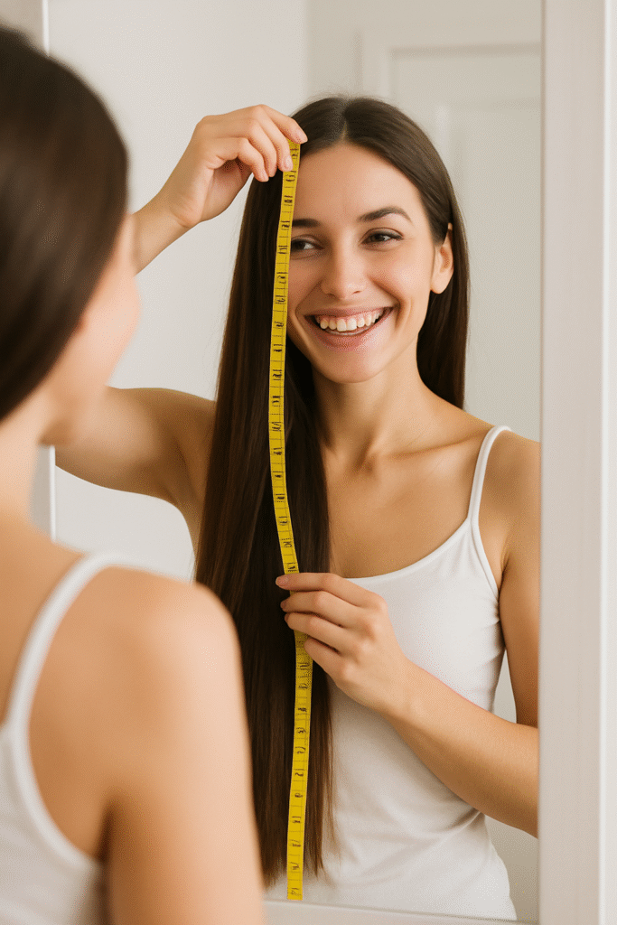 Mulher sorrindo medindo o crescimento do cabelo comprido com fita métrica amarela.