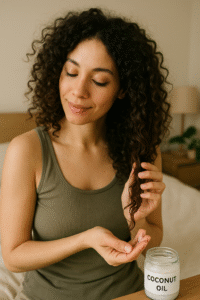 Mulher de cabelo cacheado aplicando óleo de coco nas pontas para hidratar e nutrir os fios.