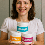 Mulher segurando cremes de hidratação, nutrição e reconstrução para cronograma capilar.