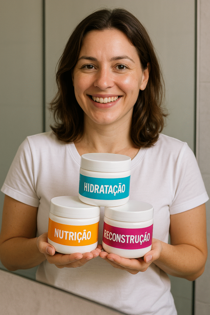 Mulher segurando cremes de hidratação, nutrição e reconstrução para cronograma capilar.