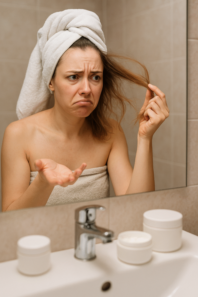 Mulher com toalha na cabeça olhando para o cabelo ressecado no espelho do banheiro, com expressão de frustração.