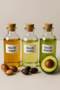 Frascos de vidro com óleos de argan, jojoba e abacate ao lado de sementes e meio abacate.