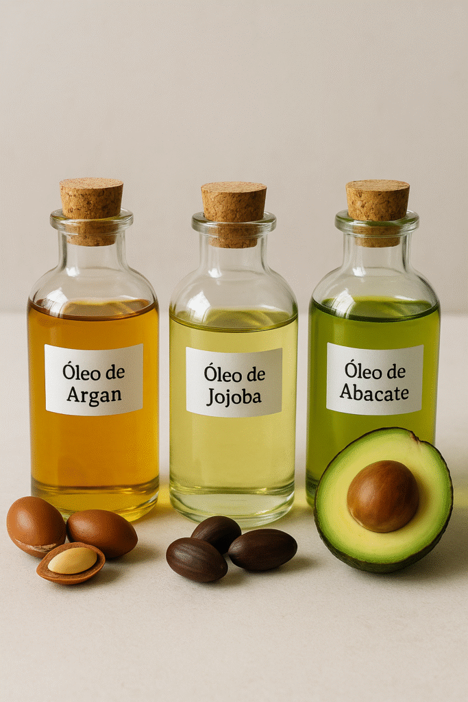 Frascos de vidro com óleos de argan, jojoba e abacate ao lado de sementes e meio abacate.