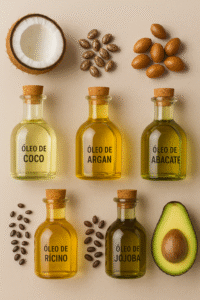 Frascos de óleos vegetais para cabelo: óleo de coco, argan, abacate, rícino e jojoba.