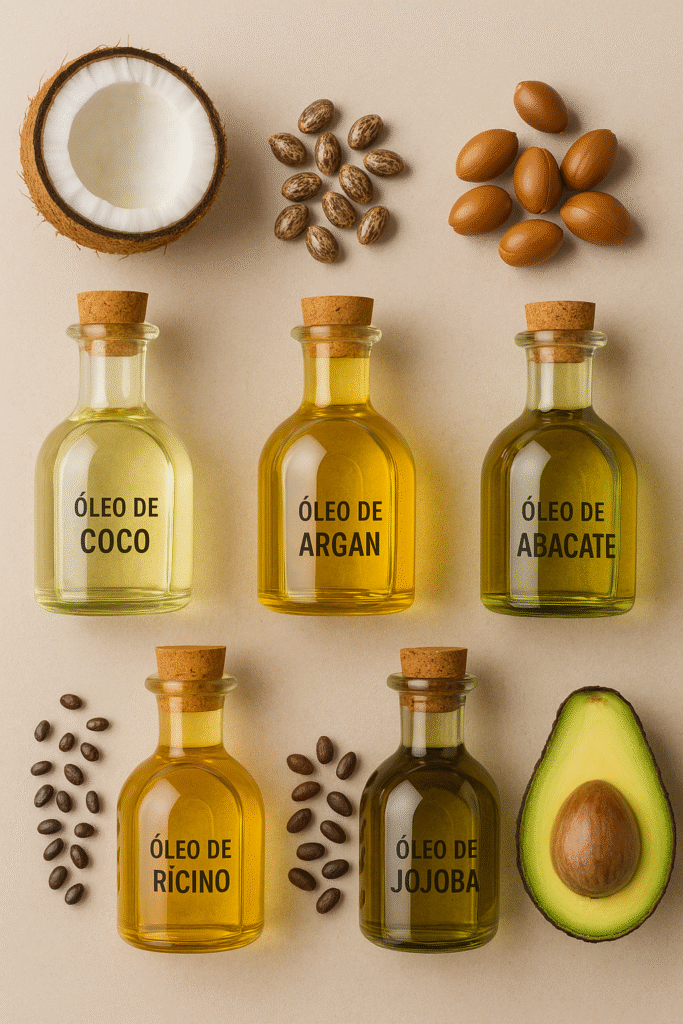 Frascos de óleos vegetais para cabelo: óleo de coco, argan, abacate, rícino e jojoba.