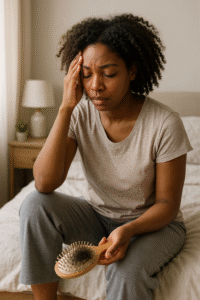 Mulher sentada preocupada com queda de cabelo, olhando para escova cheia de fios.