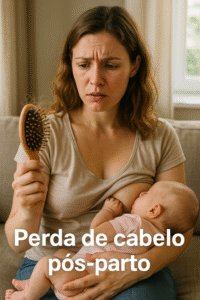 Mãe amamentando e preocupada com a queda de cabelo pós-parto, segurando escova com fios.