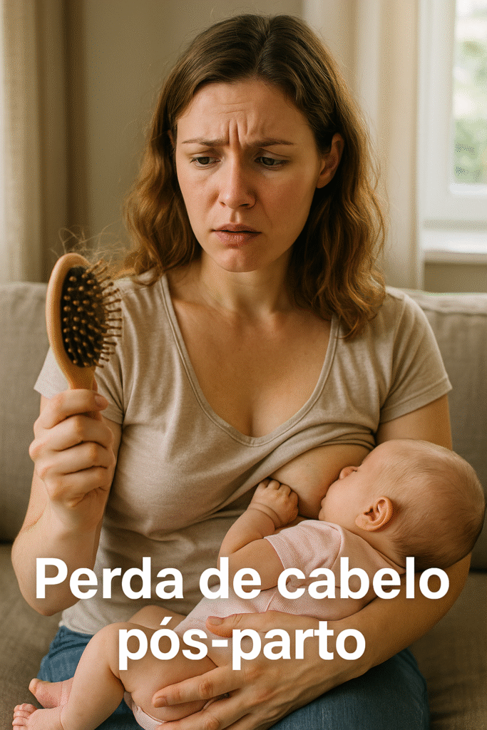 Mãe amamentando e preocupada com a queda de cabelo pós-parto, segurando escova com fios.