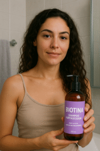 Mulher segurando frasco de shampoo fortalecedor com biotina para crescimento e fortalecimento capilar.
