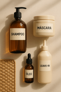 Kit completo de produtos capilares com shampoo, máscara, óleo e leave-in para tratamento e hidratação dos fios.