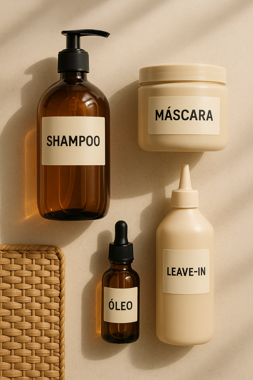 Kit completo de produtos capilares com shampoo, máscara, óleo e leave-in para tratamento e hidratação dos fios.