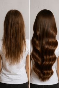 Transformação capilar antes e depois com cabelos nutridos e hidratados após cronograma capilar.