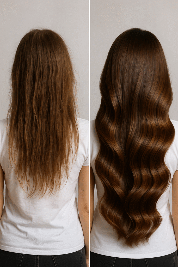 Transformação capilar antes e depois com cabelos nutridos e hidratados após cronograma capilar.